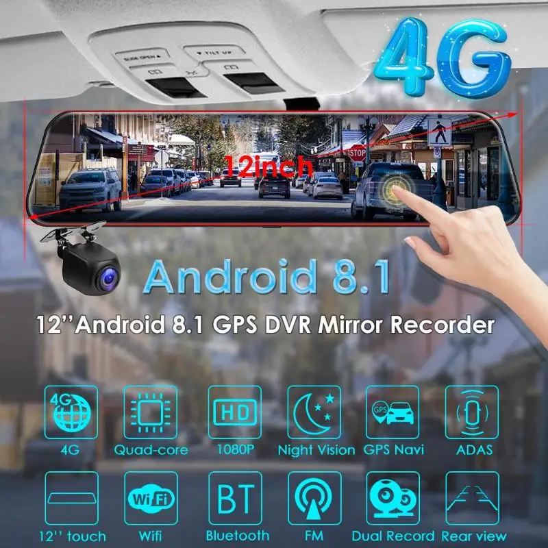 Автомобильный видеорегистратор 12 дюймов 4G Android 8 1 зеркало заднего вида с GPS
