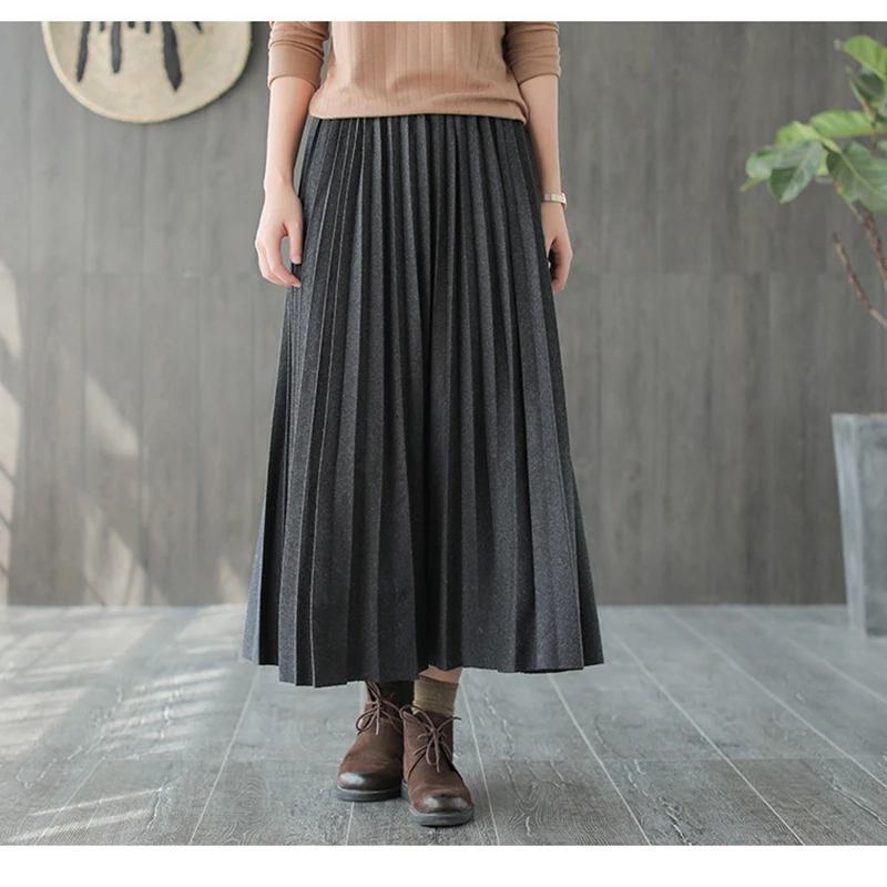 NINI WONDERLAND Осенняя трапециевидная плиссированная юбка для женщин, модные длинные юбки серого цвета, женские классические винтажные однотонные свободные юбки