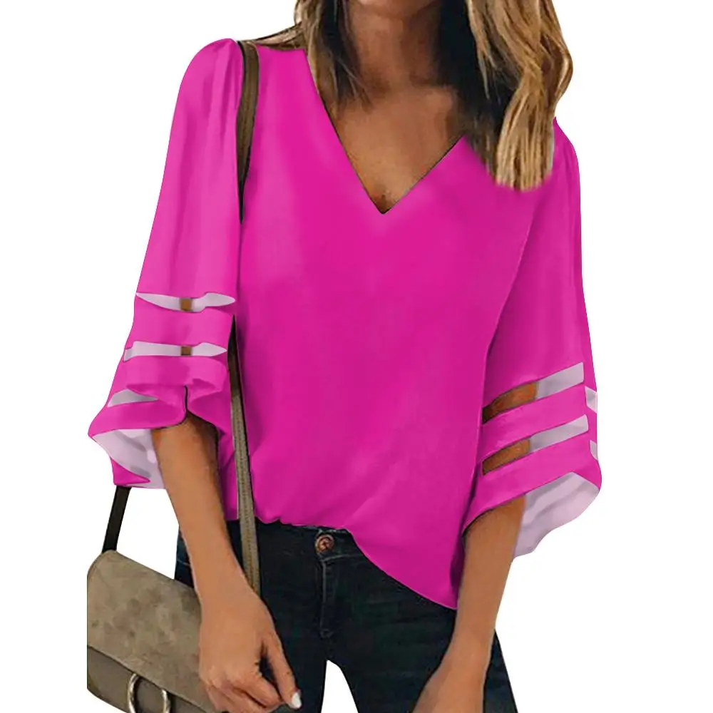 

Chic V Neck Solid color Red Print custom Soft Blouse Casual Loose Shirt Bell Sleeve Chiffon Tops Travel Shopping Clothes Women