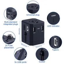 Топ Универсальный дорожный адаптер по всему миру все в одном настенное зарядное устройство AC Разъем питания с 3 портами usb 3.6A type-C PD/QC3.0 Quick