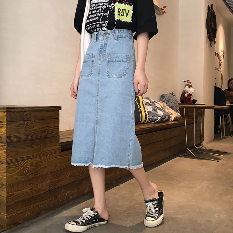Women Skirt Demin Korean Style High Waist Skirts Jeans Women Mid-Calf Empire Jeans Skirt Femme Pocket High Quality demin Skirts