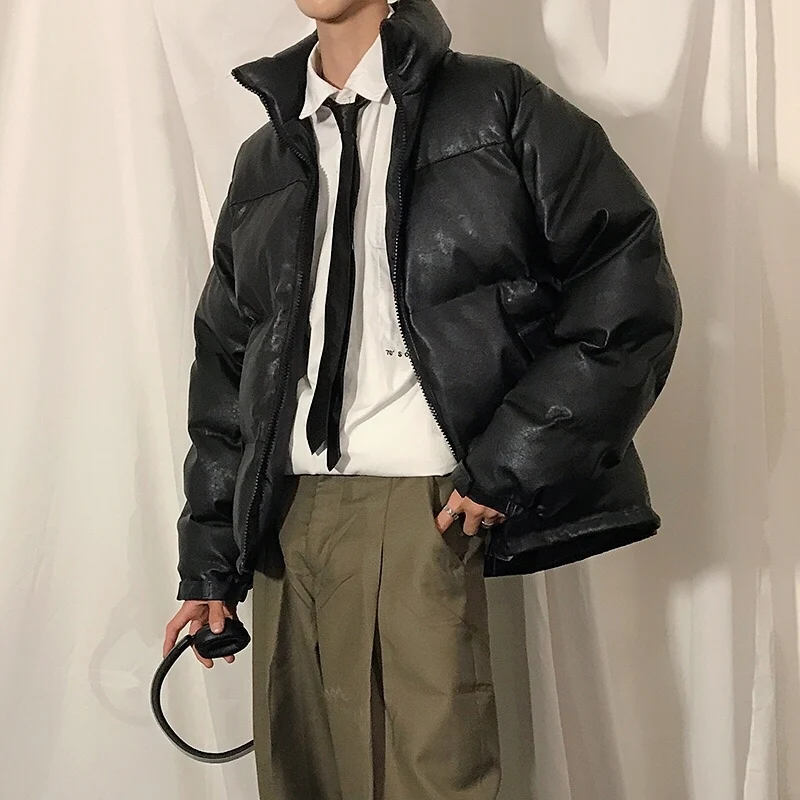 Зимняя мужская одежда из искусственной кожи с черной хлопковой подкладкой, мужская верхняя одежда, повседневные водонепроницаемые парки, теплые зимние куртки M-3XL