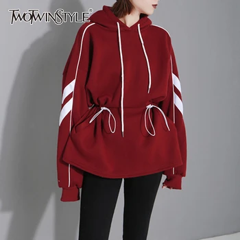 

TWOTWINSTYLE Print Hit Color Sweatshirts Female Hooded Collar Lantern Long Sleeve Drawstring Casual Autumn Sweatshirt Women Tide