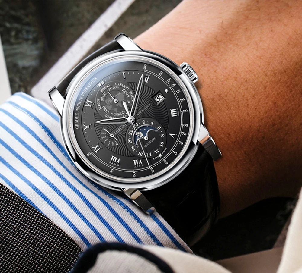 Швейцария LOBINNI мужской роскошный бренд часов Moon Phase автоматические механические мужские наручные часы Сапфировая кожа Чайка движение для мужчин t