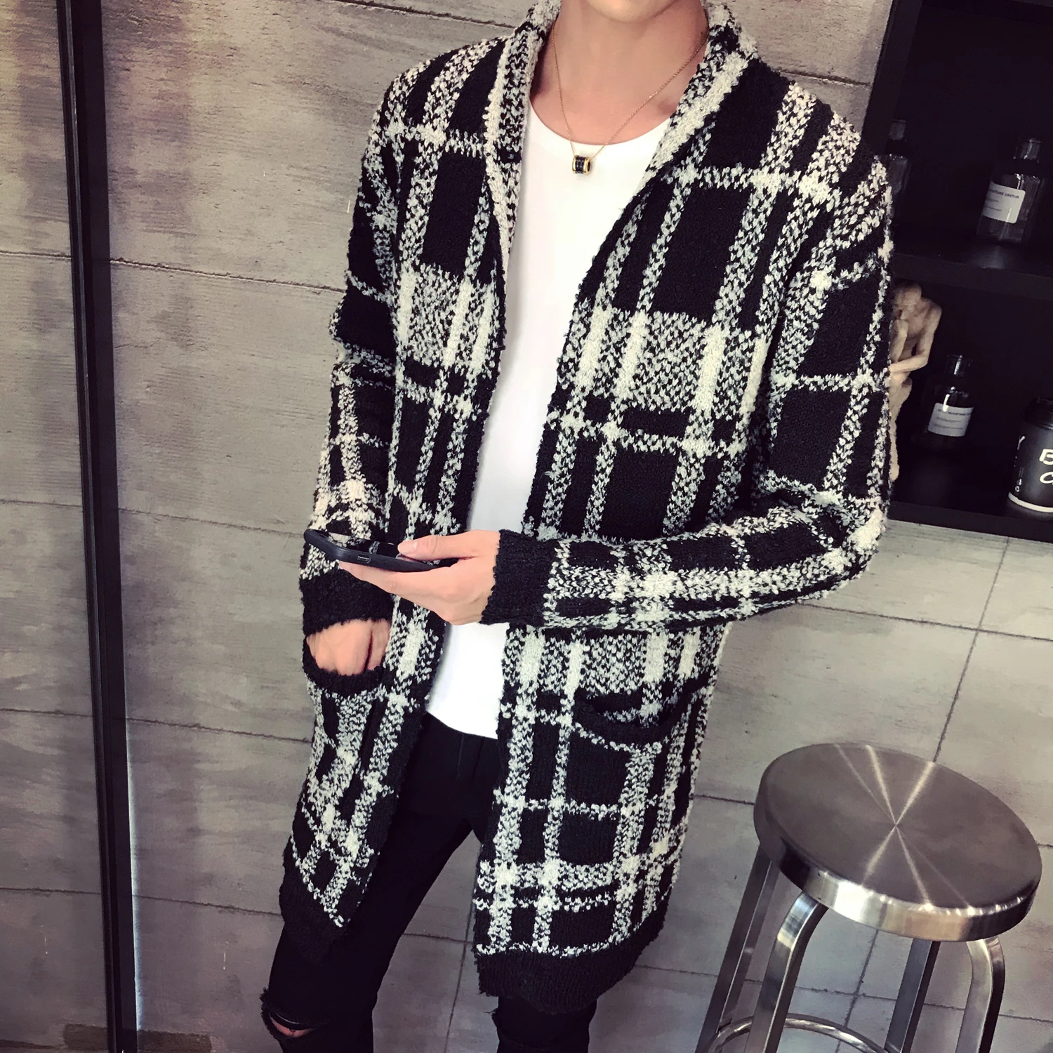 Mens Sweaters for 2019 Fashion Hooded Cardigan Men Plaid Sweater Mens Long Cardigan No Buckle Winter Sweater Men