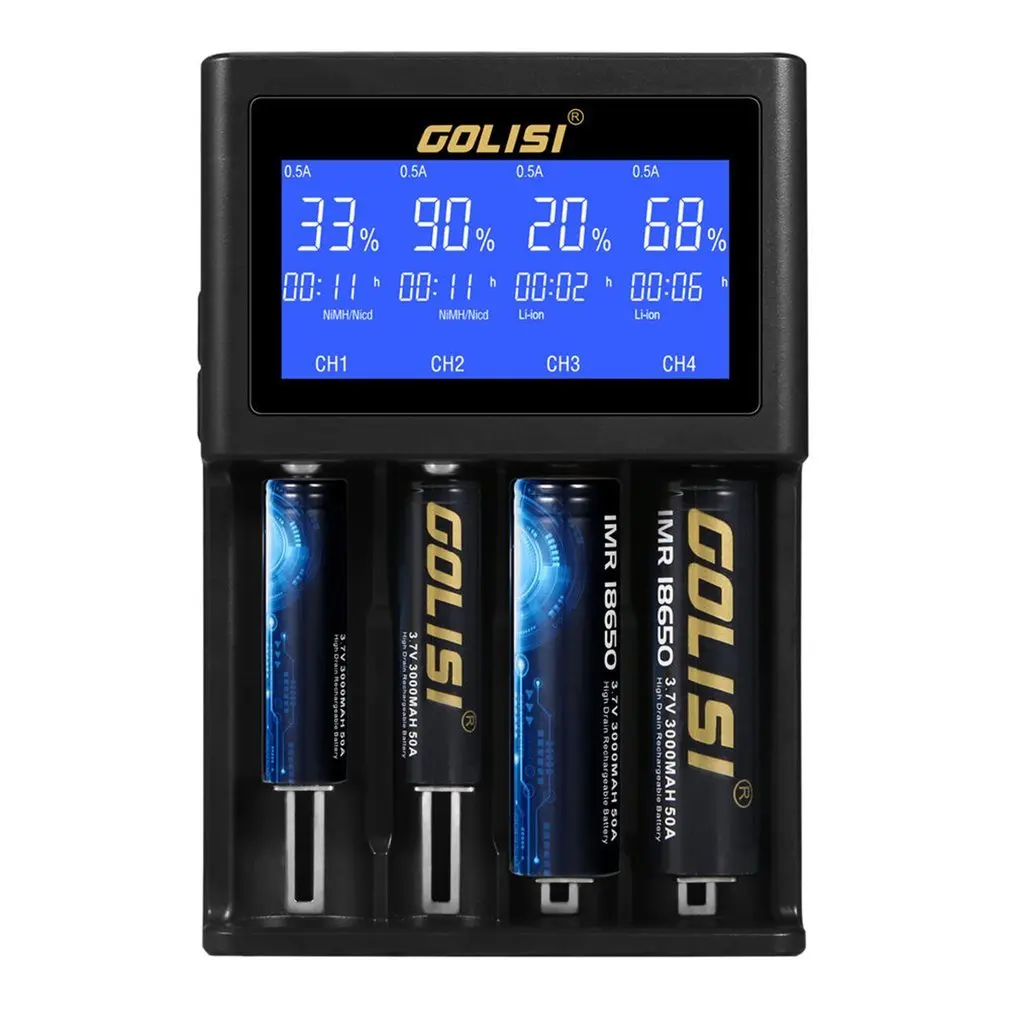 GOLISI 4 Slots 2A Smart LCD Battery Charger Charging for Li-ion 18650 26650 AA & AAA Ni-MH Ni-cd Rechargeable Batteries Hot Sale