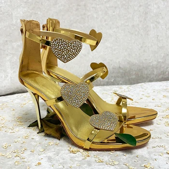 

Heart Shaped Women High Heels Gold Silver Diamond Thin Heels Sexy Peep Toe Wedding Party Sandals Patent Leather Summer Shoes ZIP