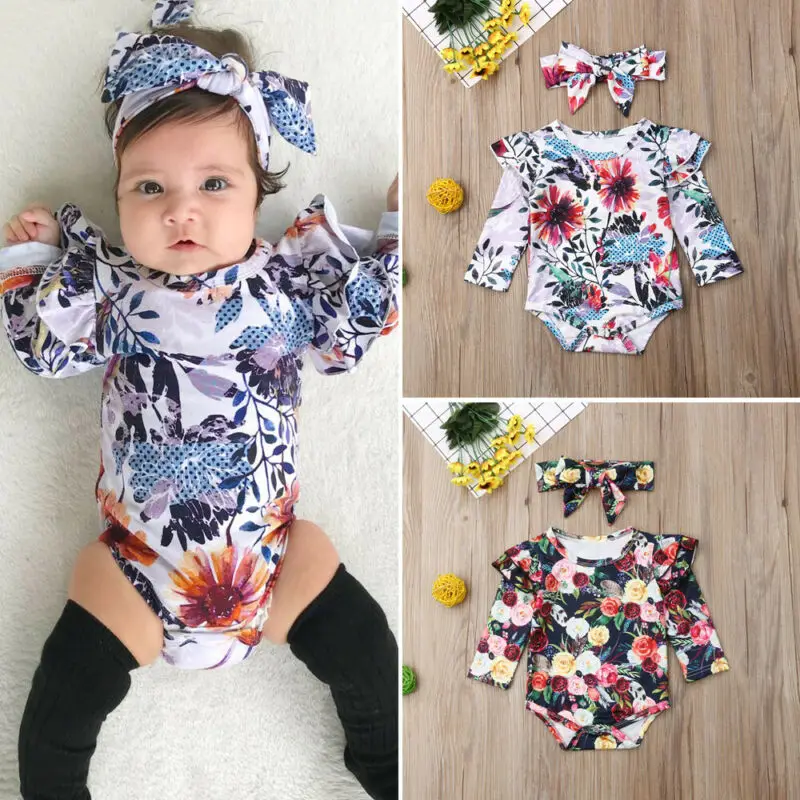 

Newborn Baby Girl Floral Romper Long Sleeve Jumpsuit Headband Outfit Autumn Sunsuit Clothes