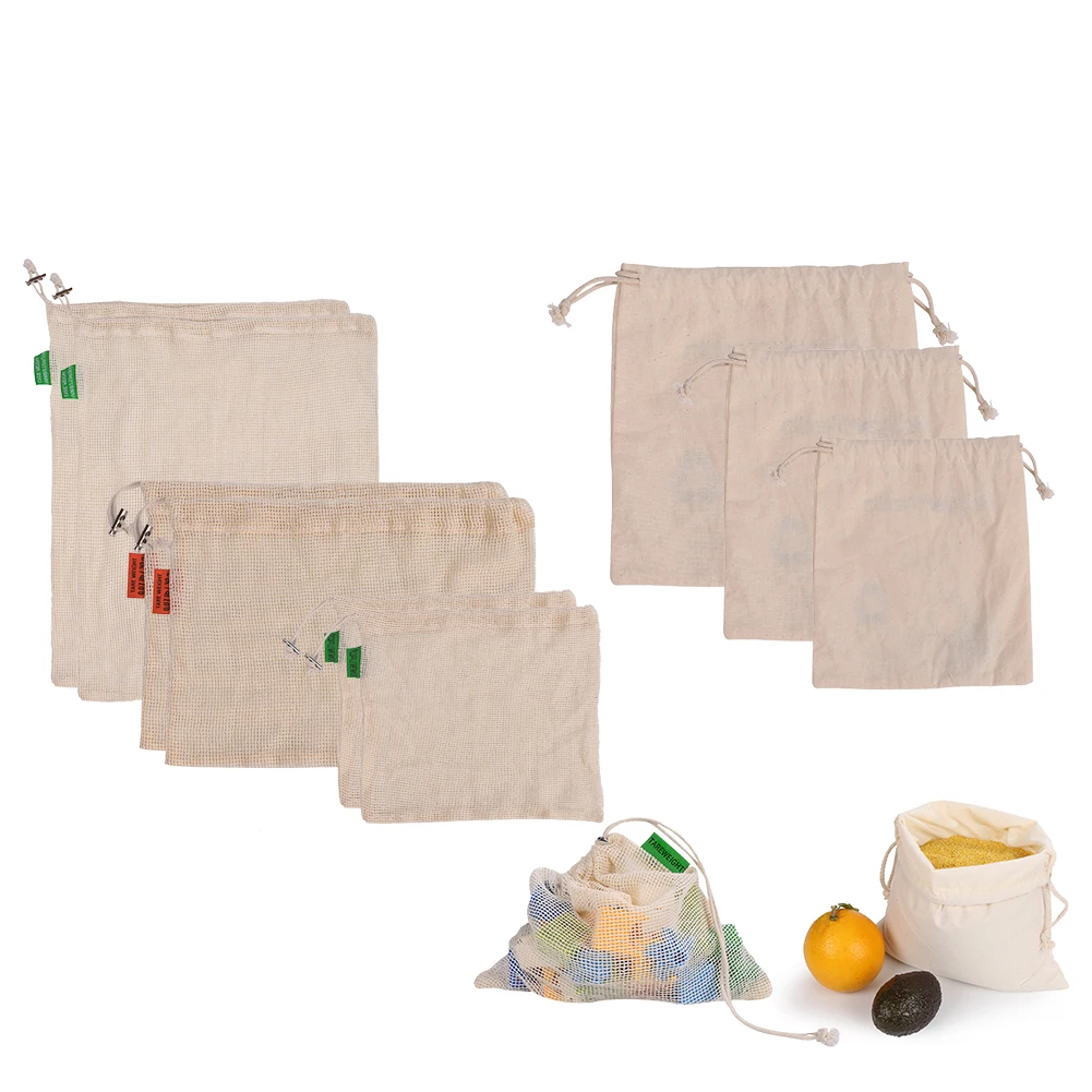 Хлопковые сетчатые мешочки для овощей и фруктов, многоразовый сетчатый мешок из хлопка с кулиской, кухонный мешок для хранения