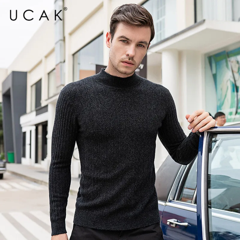 

UCAK Brand Pure Merino Wool Sweater Men O-Neck Pullover Men Autumn Winter Warm Casual Striped Pull Homme Cashmere Sweaters U3096