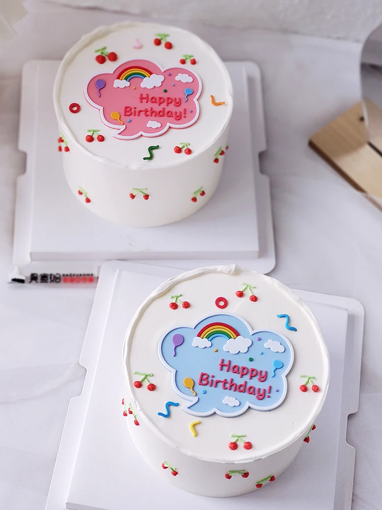 

Baby Shower Children's Happy Birthday Card Dessert Cake Topper Decoration Rainbow Handwritten Soft Glue Dress Up Baking Supplies