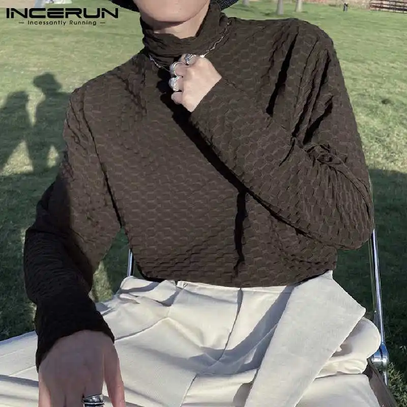 

INCERUN Tops 2022 Korean Style New Men Camiseta Casual Streetwear Bumpy Check Male High-neck Long-sleeved Knitted T-shirts S-5XL