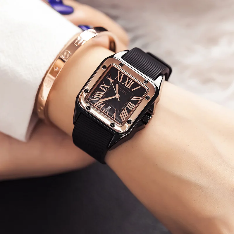 

Luxury Rose Gold Women Watch Men New Simple Roman Square Womens Watch Waterproof Silicone Strap Quartz Calendar Couple Watches