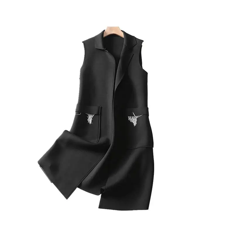 Новая осенняя одежда космический хлопок кисточкой большой карман без пряжки хорошее выше колена свободный женский жилет плюс размер L-3XL - Цвет: Black