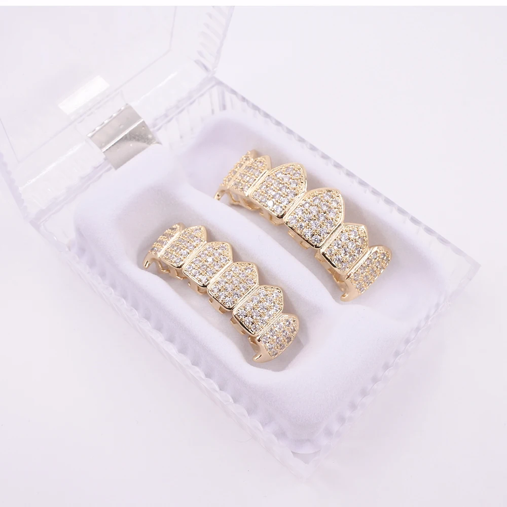 Hiphop grillz teeth aaa cz micro pave brass grills tooth fang vampire bling jewelry unisex top bottom gold silver rap