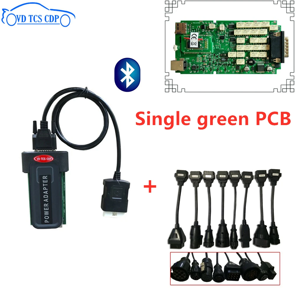 

By DHL Best for Autocomes VD tcs cdp NEC relays Single Green PCB with Bluetooth CAR TRUCK obd2 scanner+8 pcs truck cables