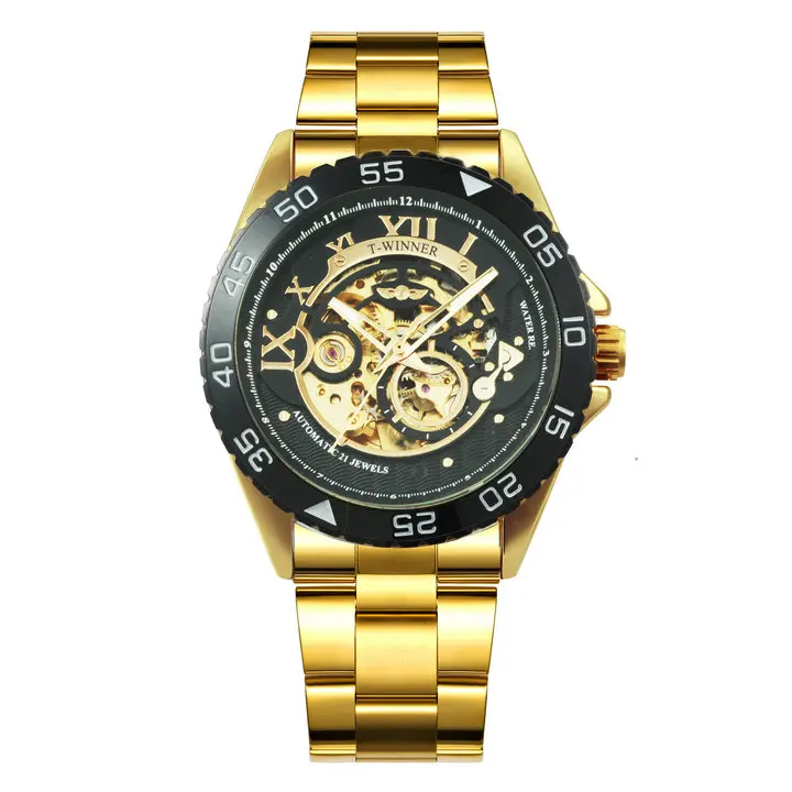 WINNER Официальный Бизнес для мужчин s автоматические часы лучший бренд класса люкс Скелет механические часы для мужчин нержавеющая сталь Ремешок наручные часы - Цвет: GOLDEN BLACK