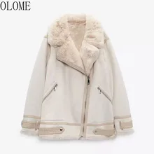 2022 New Faux Leather Suede Jacket Women Thick Warm Faux Rabbit Fur Winter Coat Female Zipper Lapel Loose Motorcycle Outwear