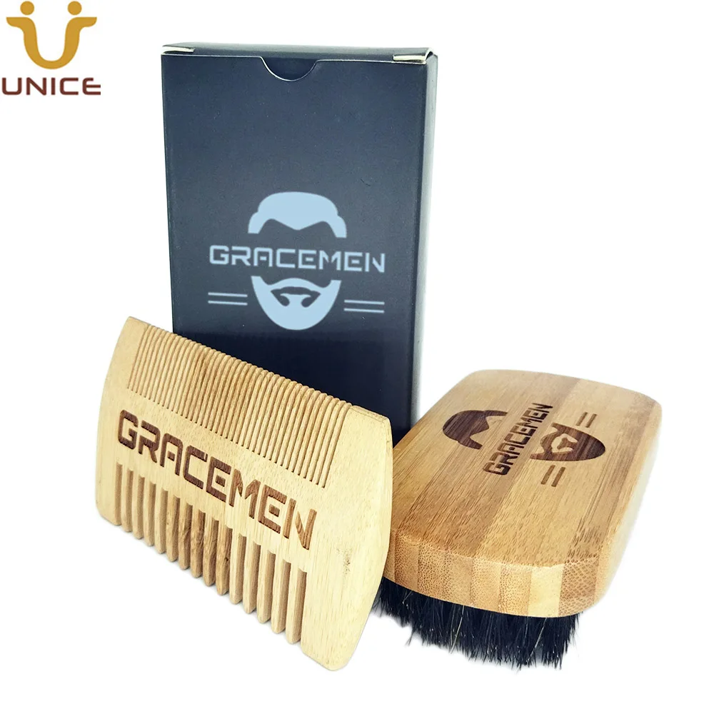 MOQ 100 Sets OEM Custom LOGO Eco-Friendly Bamboo Beard Grooming Kits with Custom Box for Man Beard Brush & Dual Sided Beard Comb