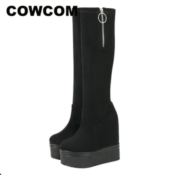 

COWCOM 15CM Thickening Bottom Female Boots Elastic Autumn Winter Black Boots Thick Platform Slim Boots Women ZYW