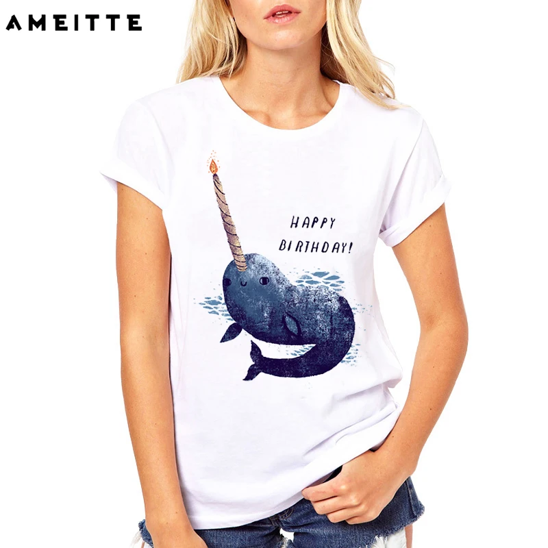 Летние топы AMEITTE с надписью Happy narwhal футболки на день рождения забавная Женская