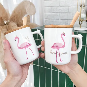 

Cartoon Flamingo Ceramic Coffee Mugs with Wooden Lid Spoon Home Milk Breakfast Cups 350ml Office Business Tea Cups for Women Man