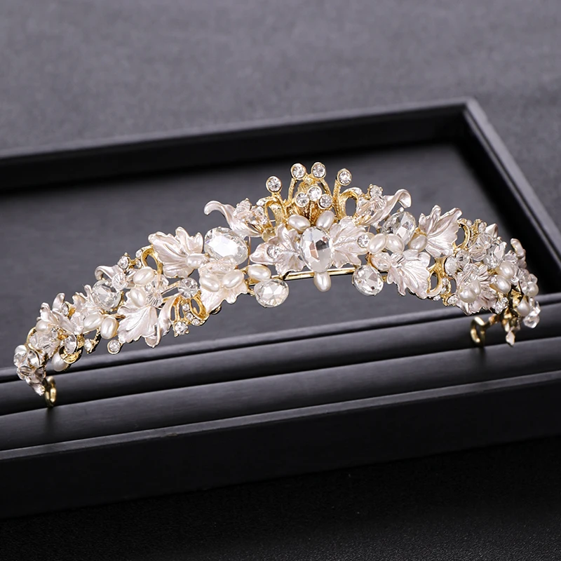 Trendy rhinestone pearl crystal crown headband flower bride hair accessories gold crown bride wedding crown hair accessories