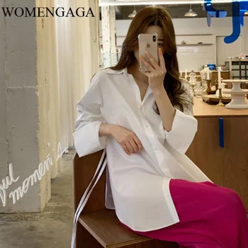 

Korea 2020 spring summer casual white shirt for female side vent bandage design niche irregular long sleeve loose tosp Y028