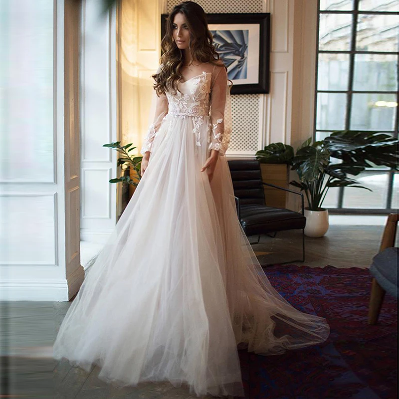 

Verngo A-Line Wedding Dress Boho Long Sleeve Bride Dress Custom Made Size Appliques Tulle Wedding Gowns Vestido Casamento