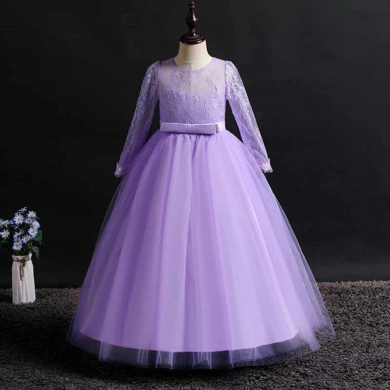 purple It's Yiya/Платья с цветочным узором для девочек 8 цветов, элегантное бальное платье с длинными рукавами и кружевным бантом для девочек, Пышное Платье для причастия, Детские праздничные платья, 1022 - Цвет: purple