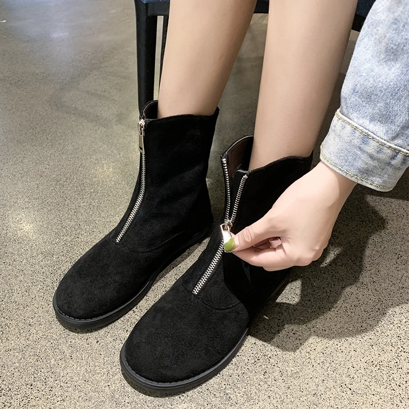 

Women Winter Boots Solid Flock Flat with Ankle Boots Casual Warm Short Plush Round Toe Front Zipper Women Shoes Zapatos De Mujer