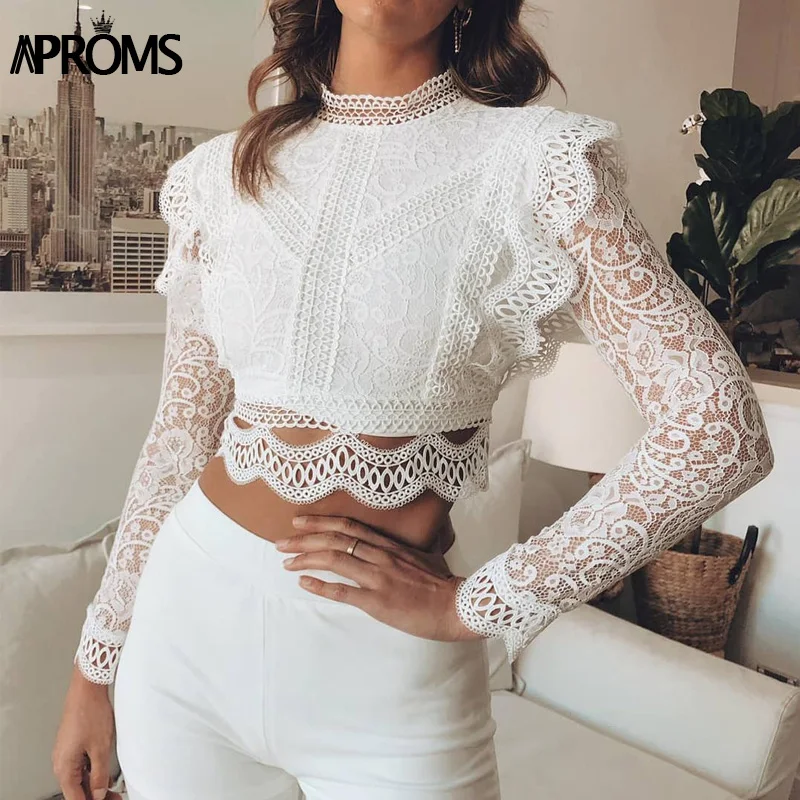 White Lace Blouse Shirt Long Sleeve Turtleneck OC0191