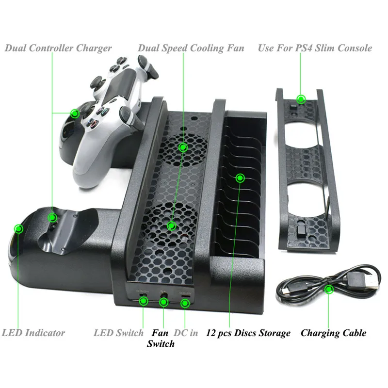 

Multifunction USB Vertical Chargers Stand Support with Cooling Fan Dual Controllers Charging Station for PS4/PS4 Slim/PS4 Pro