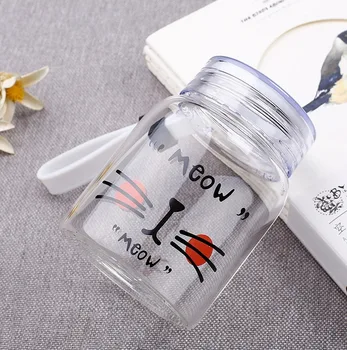 

Cute Cat Single-layer Glass High Temperature Resistant Borosilicate Watercup with Lid Portable Outdoor Glass Bottle for Children