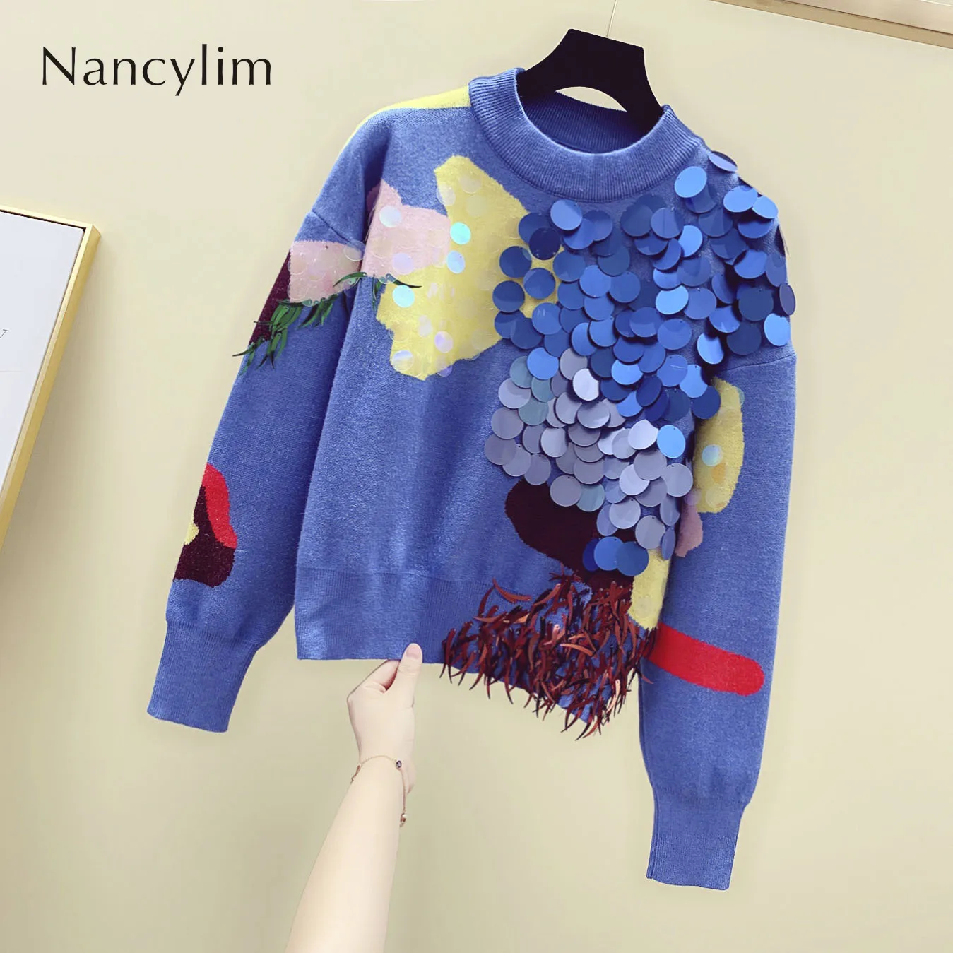 Уличная Перемычка зима длинный рукав корейский женский свитер цветная нашивка Блестки синий свитер девушка леди пуловер осень