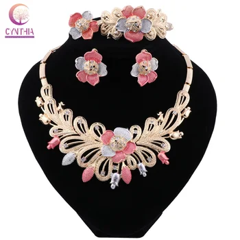 

CYNTHIA Nigerian Wedding African Costume Jewelry Set Dubai Flower Necklace Bracelet Earring Ring Jewelry Sets for Women Party