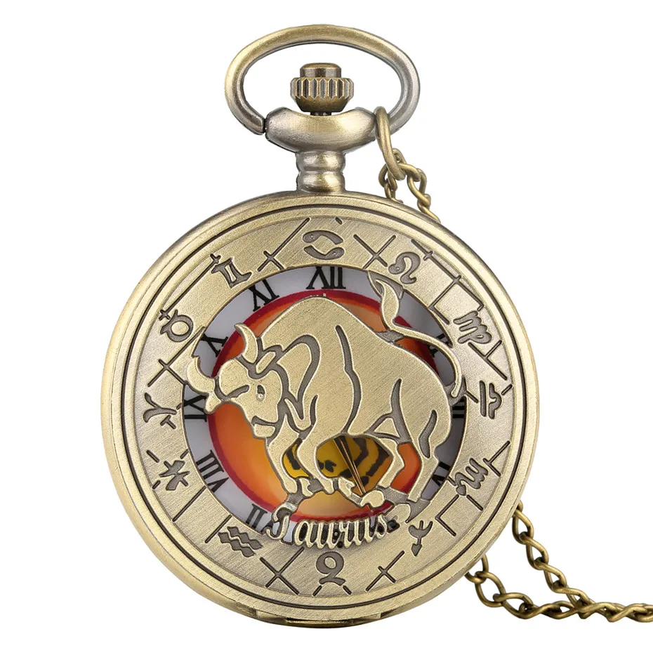 Антикварные Бронзовые кварцевые карманные часы с двенадцатью созвездиями и римскими цифрами, часы с подвеской в виде полуохотника, подарки на день рождения - Цвет: Taurus