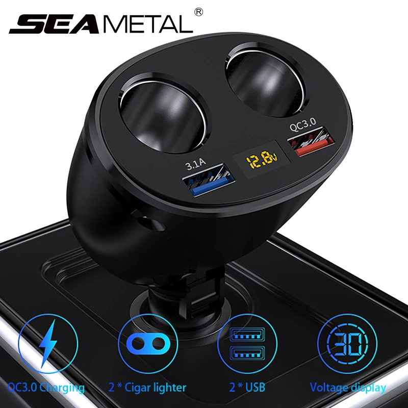 Splitter Charger Adapter-Socket Cigarette-Lighter Digital-Voltage Rotatable QC