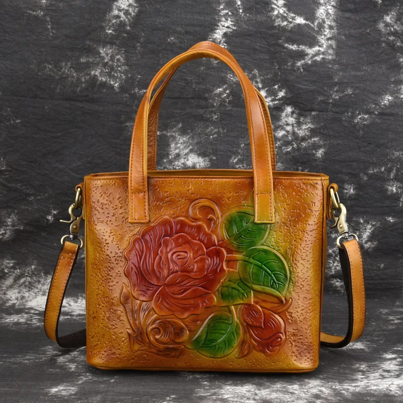 Бренд GO-LUCK, женская сумка через плечо из натуральной кожи с цветочным рисунком, женская сумка-мессенджер, женская сумка с верхней ручкой - Цвет: Yellow