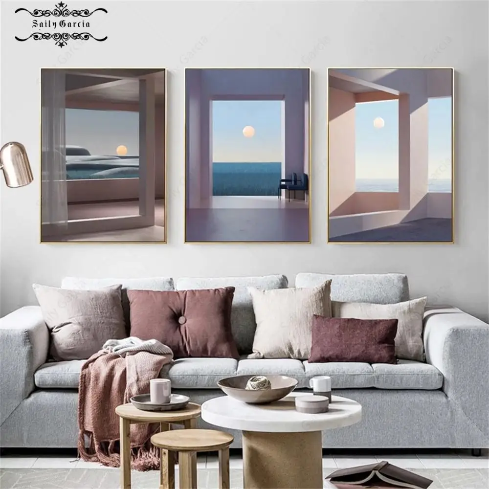 

Sea Moon Landscape Poster Realistic Pink Blue Interior Scenery Picture Prints Wall Art Canvas Painting for Gallery Bedroom Decor