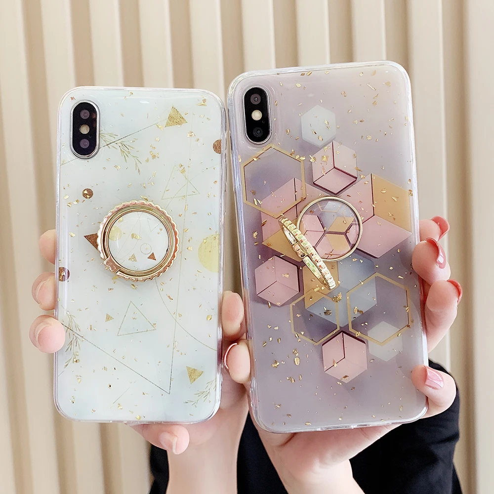 

LOVECOM Gold Powder Phone Case For iPhone XR XS Max 6 6S 7 8 Plus X Ring Holder Luxury Soft Epoxy Geometric Marble Back Cover