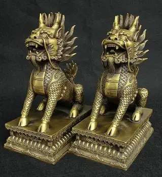 

10" A pair China old bronze copper gilt luck kylin Unicorn beast statue