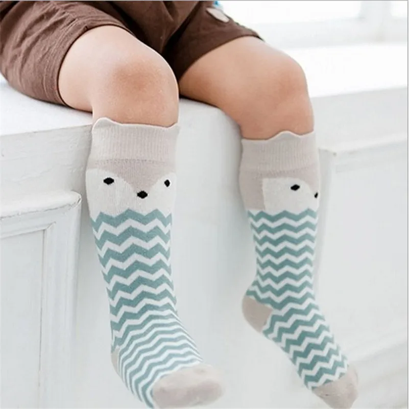 Детские Нескользящие носки до колена носки для новорожденных девочек и мальчиков длинные хлопковые носки для младенца с изображением лисы, кошки, животных - Цвет: Strip fox non-slip