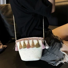1 шт., новинка, женская соломенная сумка с бахромой и шипами, в этническом стиле, на плечо, тканая, ручная работа, на веревке, с бахромой, из ротанга, пляжная сумка