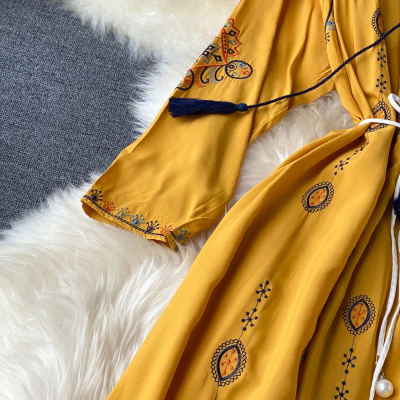 Neploe Indie Folk Vintage Embroidery Dress Fashion O-Neck Sashes Slim Waist Dresses Femme Loose Long Sleeve Mid-Calf Vestidos