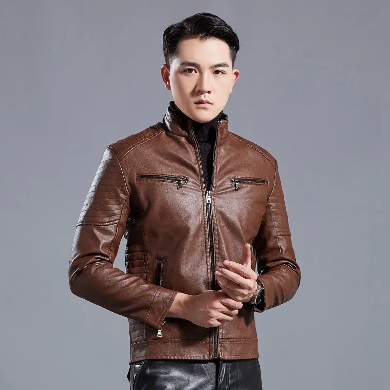 Slim Fit Moto байкерские мужские куртки на молнии из искусственной кожи модные корейские повседневные куртки с воротником-стойкой ветрозащитная мужская верхняя одежда пальто плюс размер - Color: 1