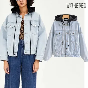 

Withered winter denim jacket women high street vintage drop shoulder oversize hoodejacket women casaco feminino jaqueta feminina