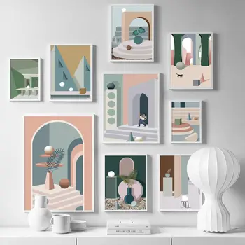 

Nordic Minimalist Geometry Building Leaves Wall Art Canvas Painting Posters And Prints Wall Pictures For Living Room Home Decor