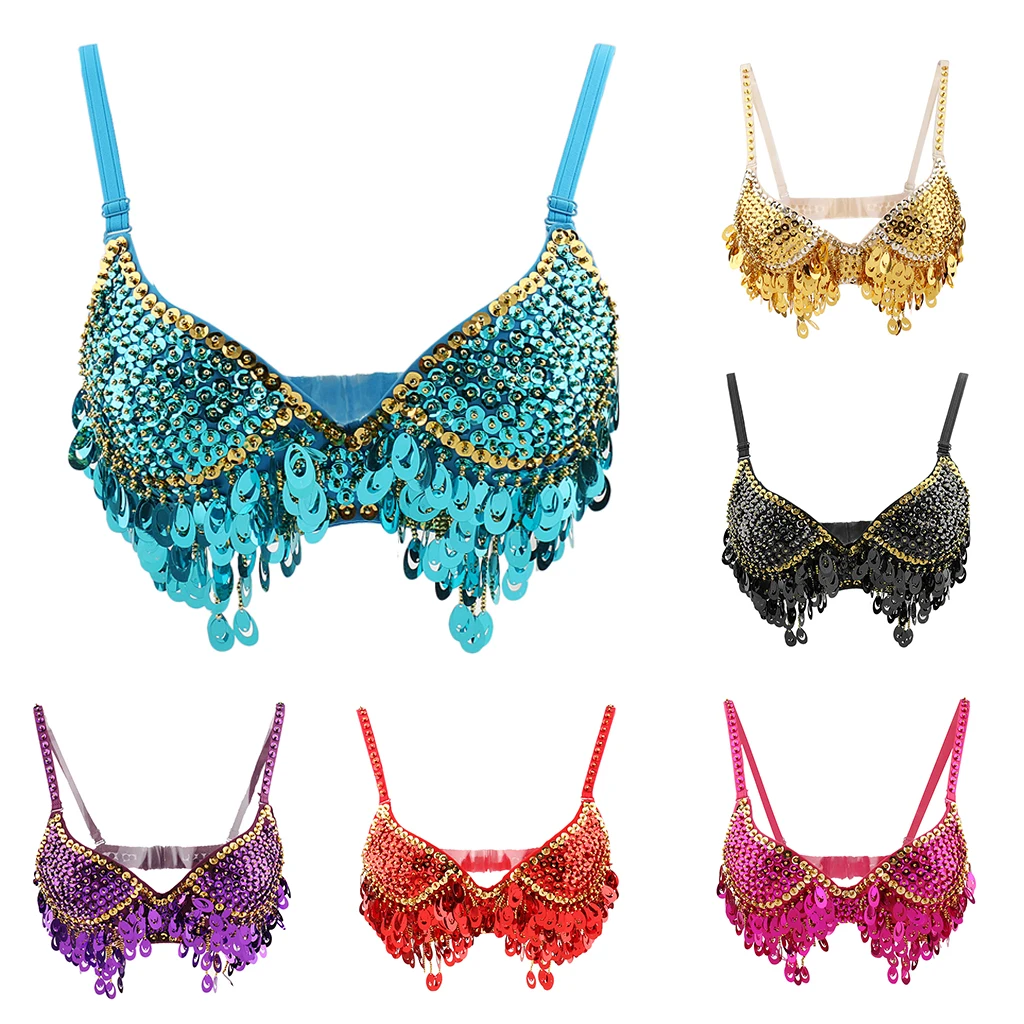 Belly Dance Beaded Bra Sequins Top  Dancing Singer Costume Tassels Black