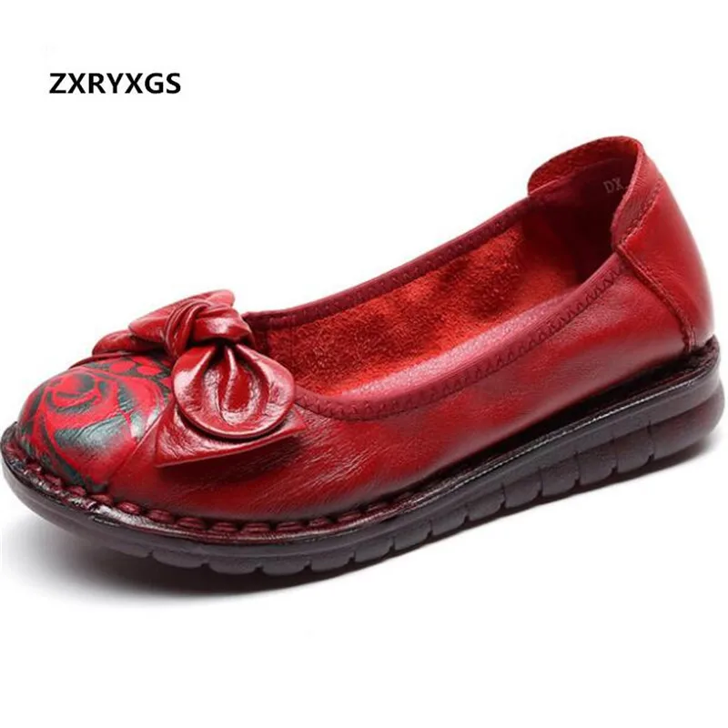 

2019 new autumn elegant bow printing genuine leather shoes woman Handmade soft bottom fashion casual shoes flat shoes black red